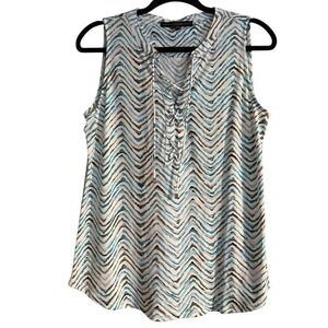 White House Black Market Sleeveless Teal Brown Chevron Lace Up V Neck Top Medium